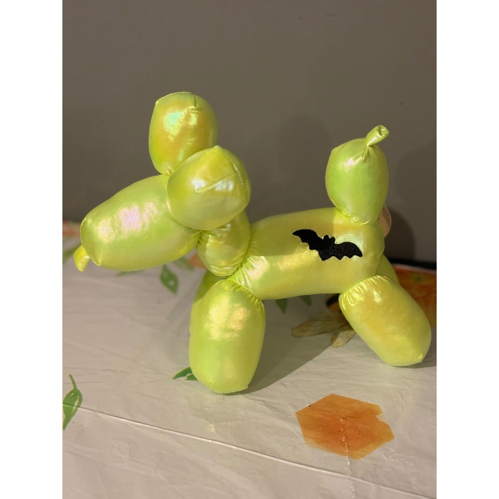 Neon Lime Green Iridescent Balloon Dog Plush Bat Embroidery Metallic Stuffed Toy